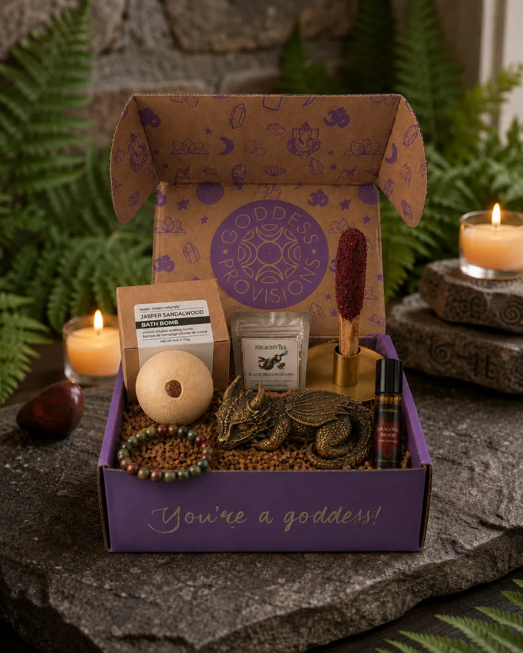Goddess Provisions spiritual subscription box with ritual tools and crystals