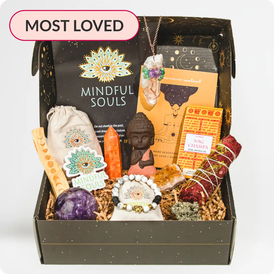 Mindful Souls subscription box with crystals and spiritual jewelry