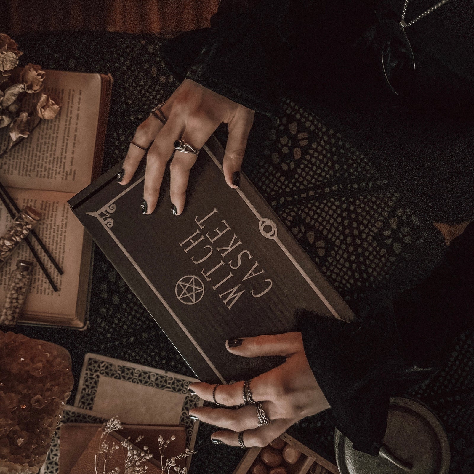 Open Witch Casket filled with witchcraft tools